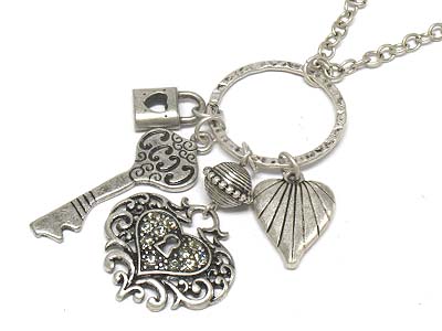 Crystal heart shape lock and key charms necklace