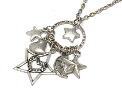 Crystal heart deco star charm and multi charms necklace 