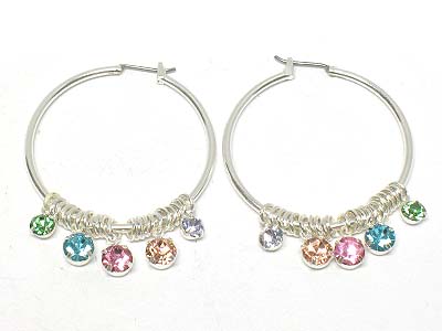 Multi color crystal stone charm hoop earring - hoops