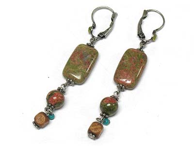 Patina square stone and natural stone drop earring