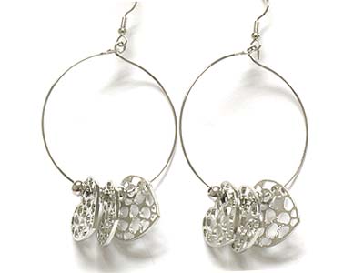 Filigree metal heart charm hoop earring - hoops