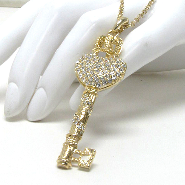 Crystal stud puffy heart key and crown pendant necklace