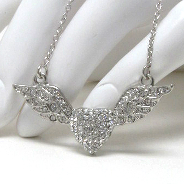 Crystal heart and wing pendant necklace