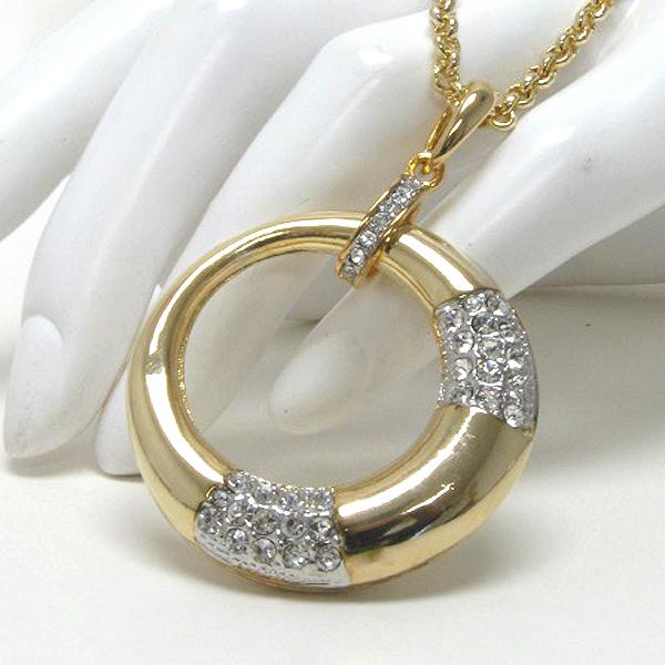 Crystal round cut out metal drop long chain necklace