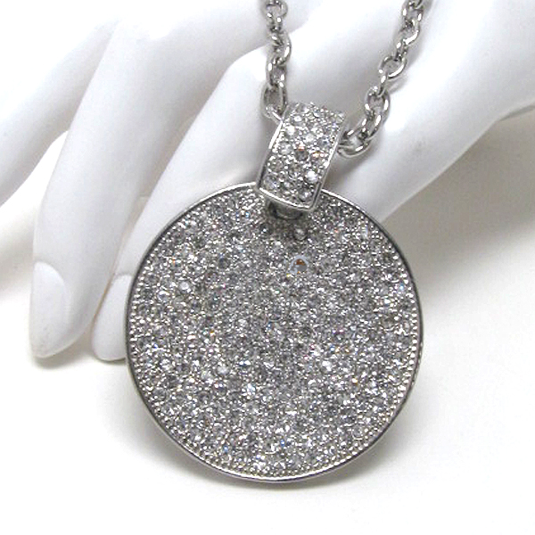 Paved crystal round pendant long chain necklace