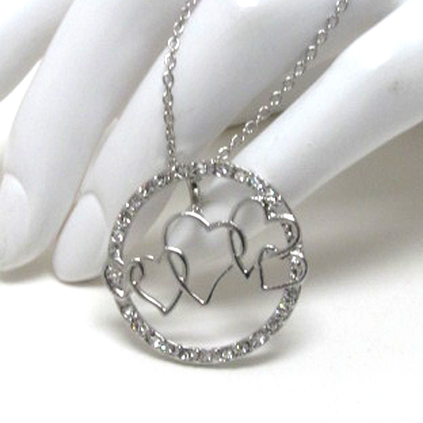 Crystal metal cut out fashion hearts round pendant chain necklace -valentine