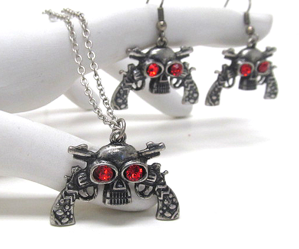 Crystal eye skull with two guns chain necklace earring set