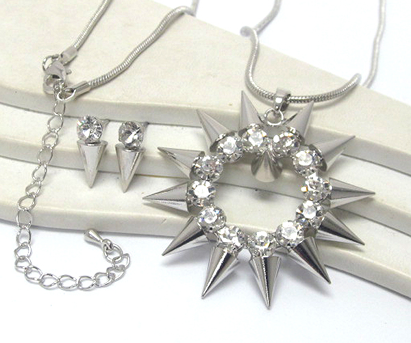 Round metal crystal spikes necklace earring set 