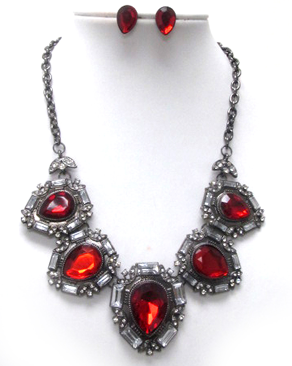 Metal casting with baguette crystal and facet acrylic tear drop stone necklace earring set