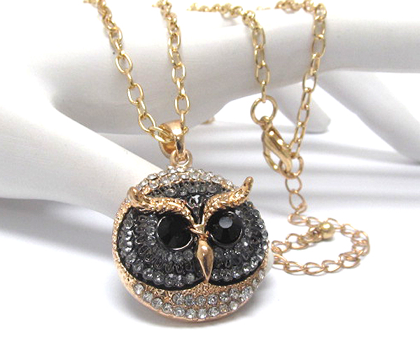 Crystal round owl head long chain necklace 