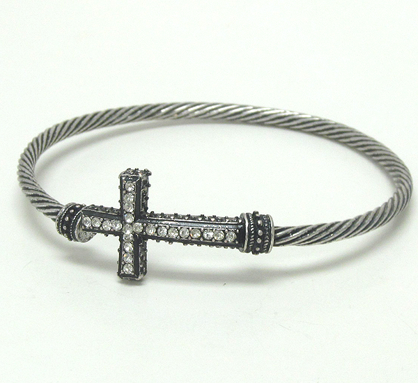 Crystal cross and designer inspired twisted metal cable stretch bracelet