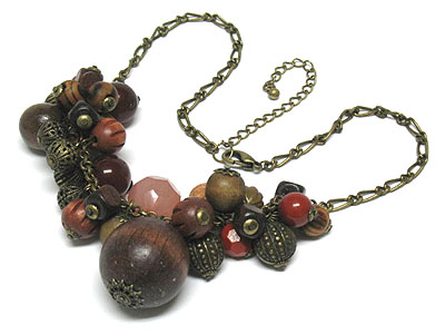 Multi wooden and metal ball bead chain necklace