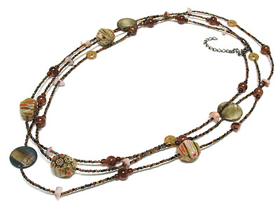 Multi shell and painted bead long necklace