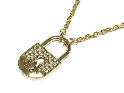 Designer style crystal padlock and crown amblem necklace