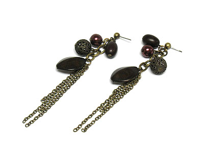 Multi sim pearl and metal ball and chain drop earring