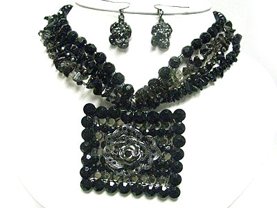 Multi strand metallic beads square pendant necklace earring set