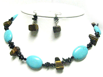 Turquoise and mixed chip stone necklace earring set