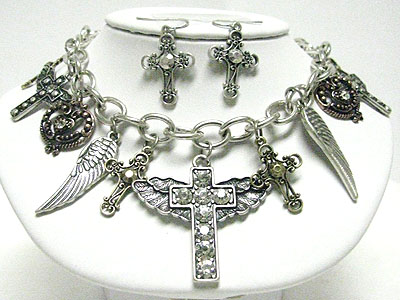 Crystal stud filigree metal cross and wing necklace set