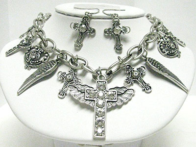 Crystal stud filigree metal cross and wing necklace set