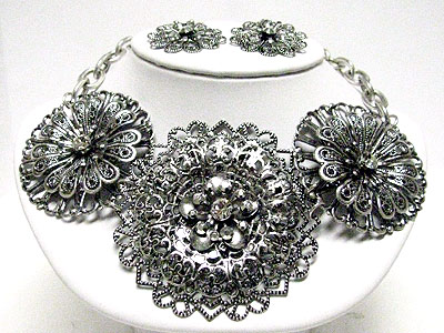 Crystal accent three large metal filigree round pendant necklace set