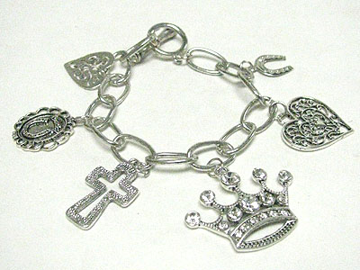 Crystal crown charm amd multi lucky charm bracelet