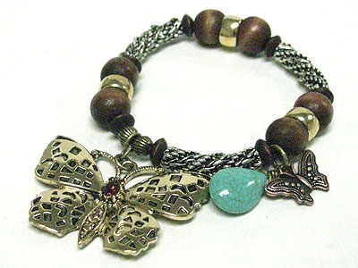 Antique style butterfly charm wood and metal stretch bracelet