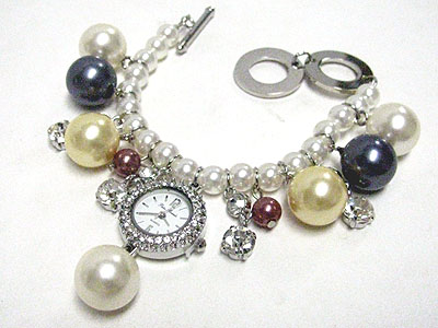 Crystal and pearl ball drop crystal round face dangle watch