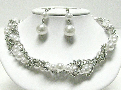 Pearl ball and metal chain braided necklace set