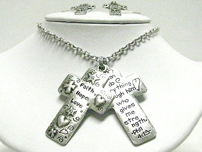 Burnish metal double cross pendant necklace set