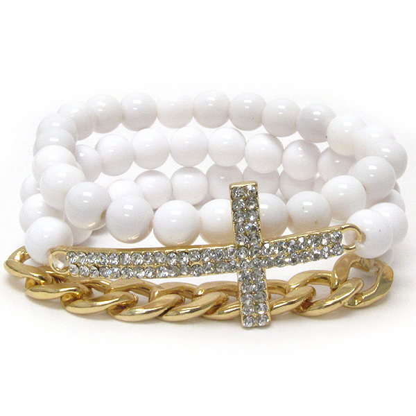 Crystal cross and chain mix stretch bracelet set of 3