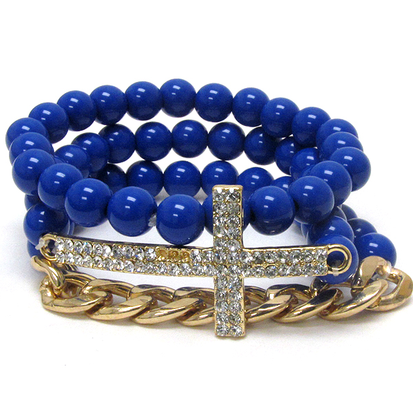 Crystal cross and chain mix stretch bracelet set of 3