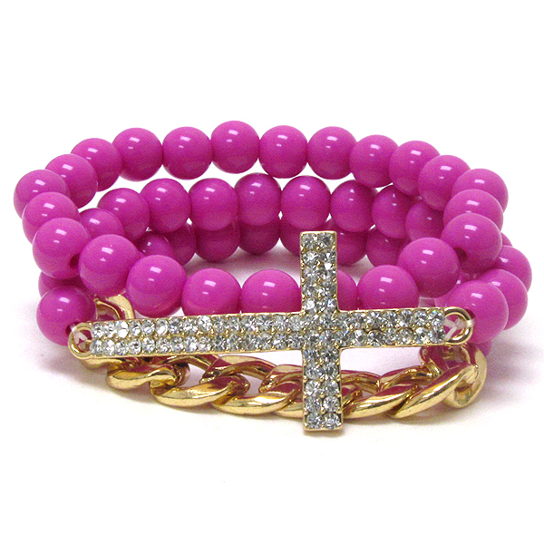 Crystal cross and chain mix stretch bracelet set of 3