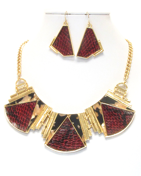 Snake skin deco on metal plate necklace earring set