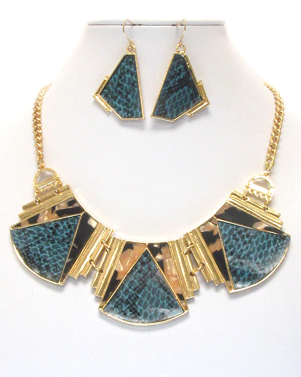 Snake skin deco on metal plate necklace earring set