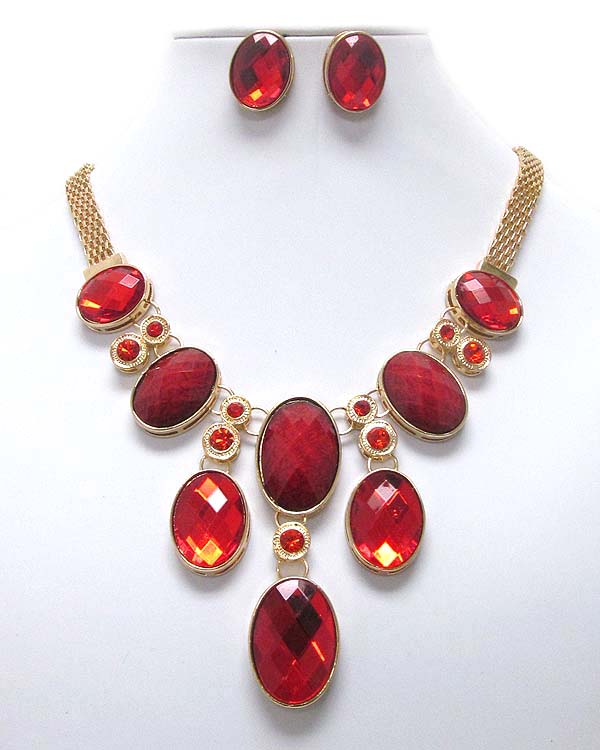 Crystal and facet acrylic oval stone drop necklace earring set