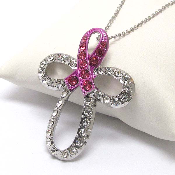 Breast cancer awareness crystal pink ribbon and cross pendant necklace