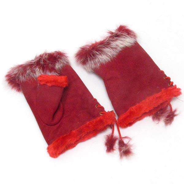 Fur top knit glove - open finger