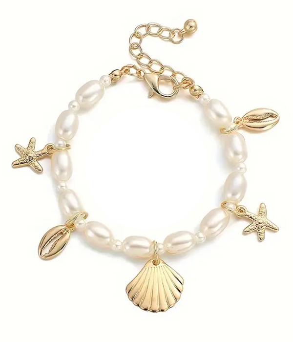 Sealife theme multi charm pearl chain bracelet