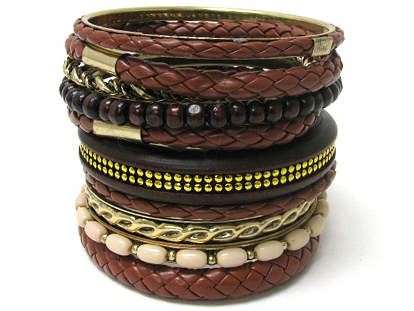 Multi braided leather and wooden and metal bangle bracelet set