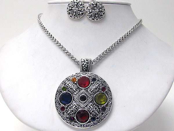 Crystal and glass deco medallion pendant necklace earring set