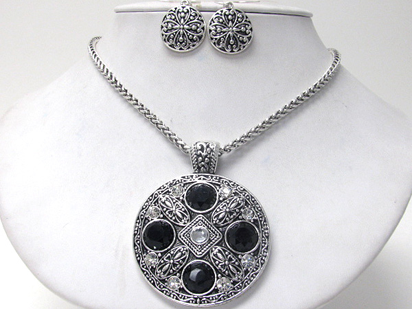 Crystal and glass deco medallion pendant necklace earring set