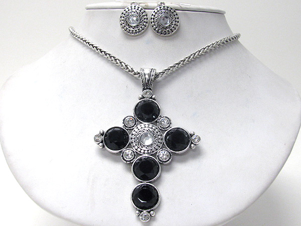 Crystal and glass deco cross pendant necklace earring set