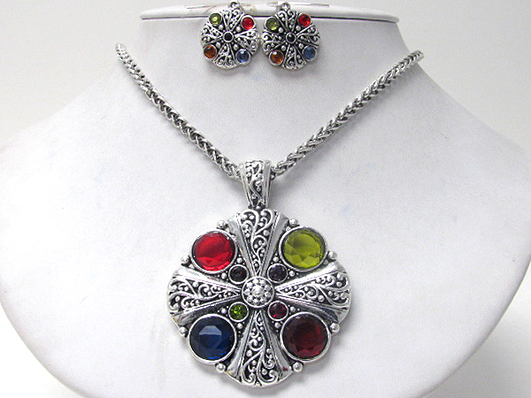 Crystal and glass deco metal filigree medalliion pendant necklace earring set