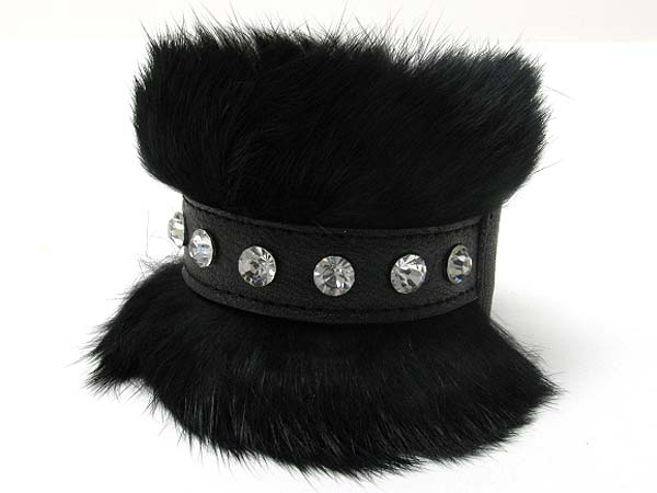 Fur and crystal stud leather bracelet