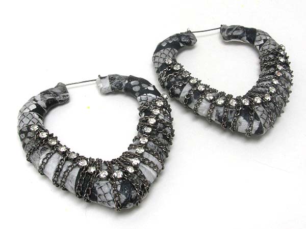 Extra large 3.5 inch crystal and metal chain wrapped animal pattern heart earring