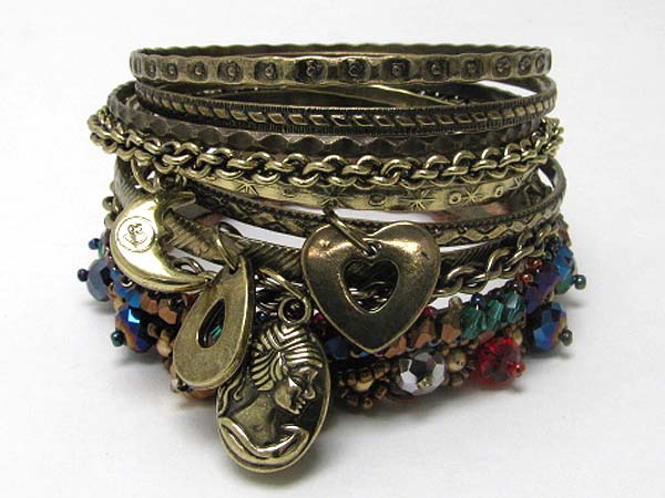 Multi charm dangle mixed metal bangle set