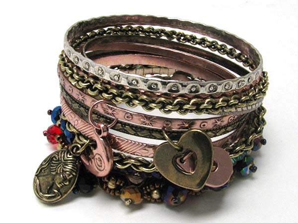 Multi charm dangle mixed metal bangle set