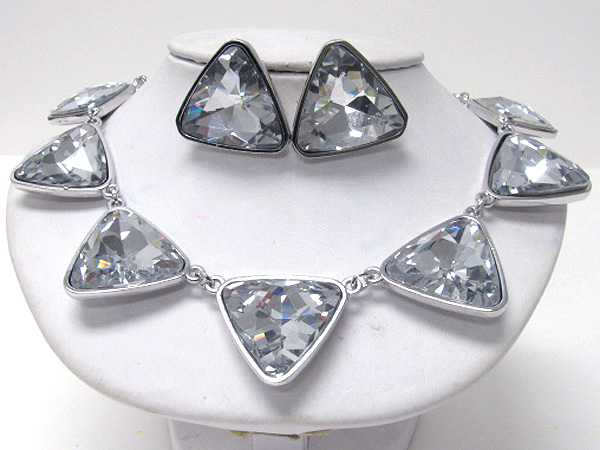 Chunky triangle glass stone link necklace earring set