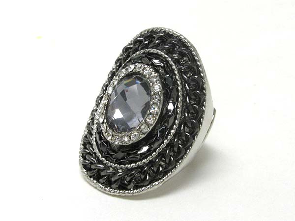 Crystal and metal chain deco oval stretch ring