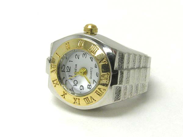 Designer style two tone metal stretch band finger watch